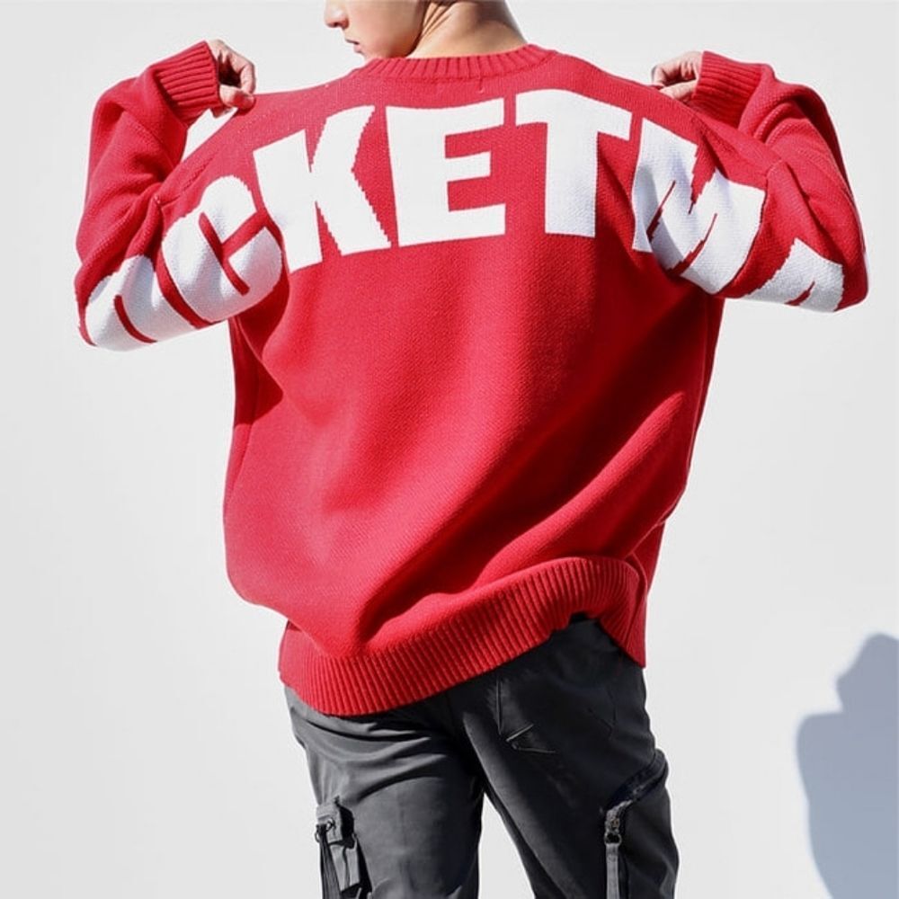 Neoity Rocketman Jacquard Knit Red Boxy Oversized Pullover Sweater Sweatshirt OS